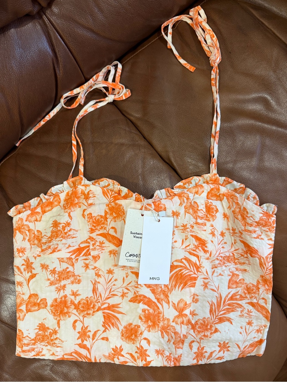 MNG Orange Floral Tie-Strap Crop Top